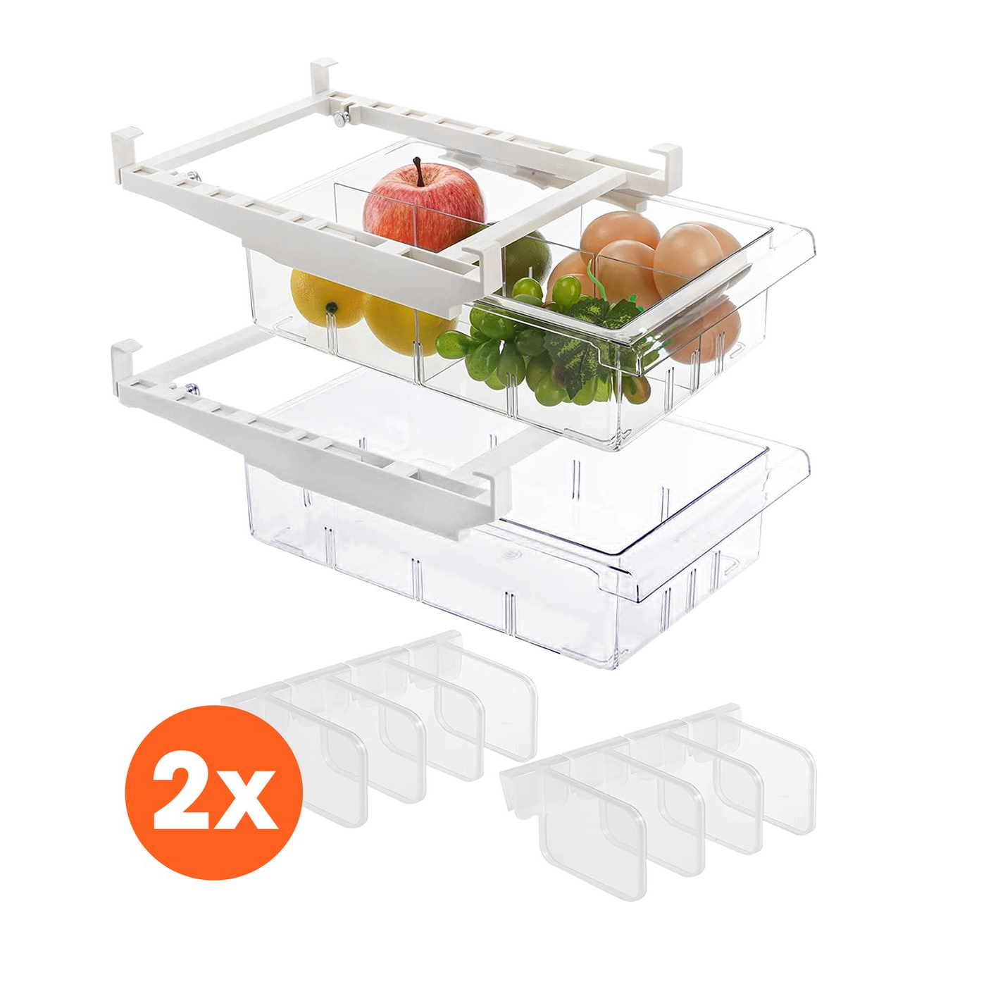 Lenx - Transparante Koelkast Organizer - Set van 2 - Gratis 8 koelkast dividers - Uitschuifbaar