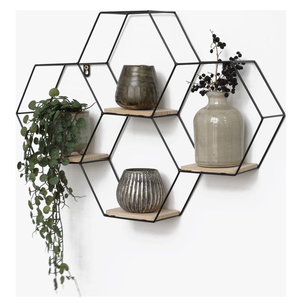 IVOL Zwart metalen wandrek industrieel met 4 houten plankjes