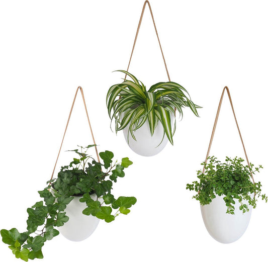 Gadgy Plantenhanger Keramiek - Set van 3 - Hangpot van Wit Steen - Hangende Bloempot