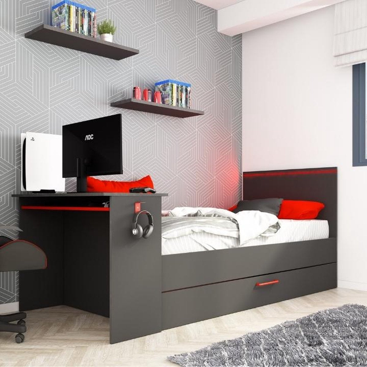 Uitschuifbed 2 x 90 x 200 cm - Met bureau - Ledverlichting - Antraciet en rood - VOUANI