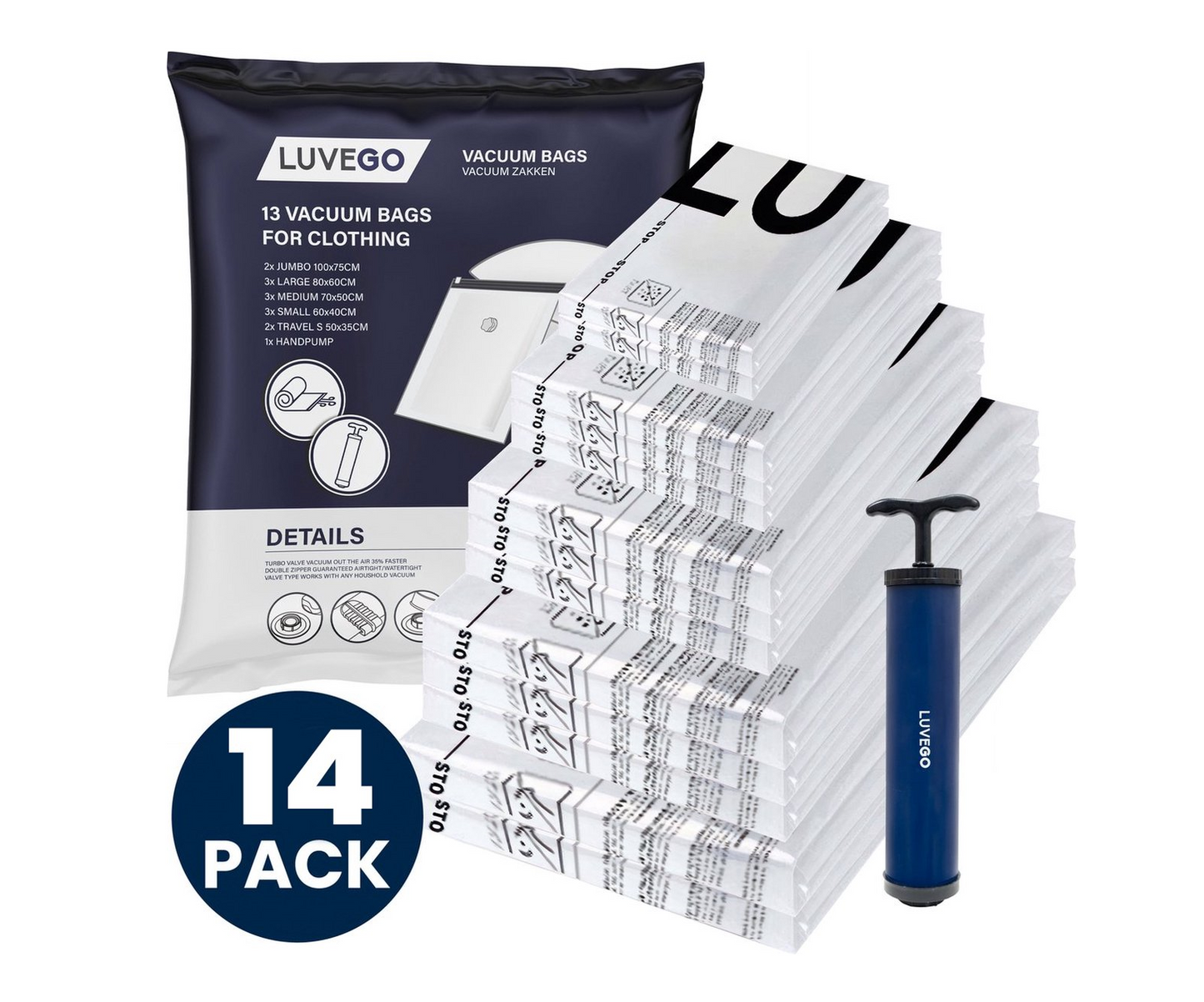 Luvego Vacuumzakken voor Kleding en Dekbedden - 14 stuks / 5 Maten