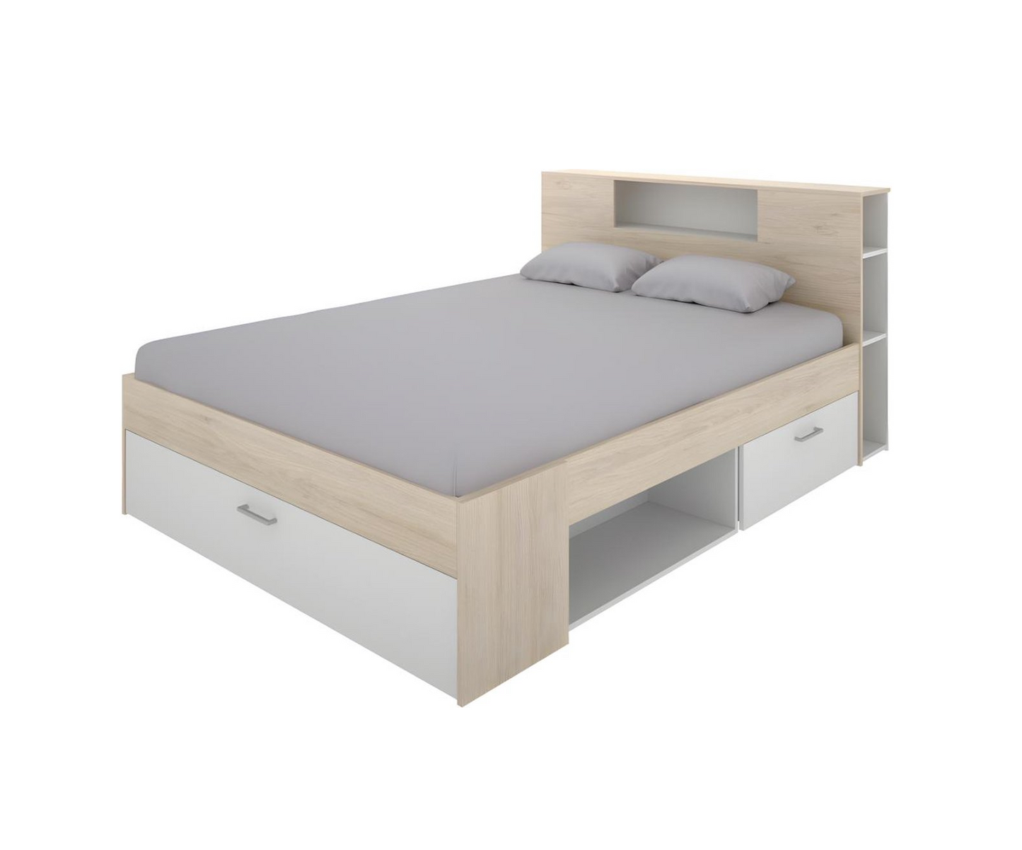 Bed met hoofdeinde, opbergruimte en lades - 160 x 200 cm - Wit en naturel - LEANDRE